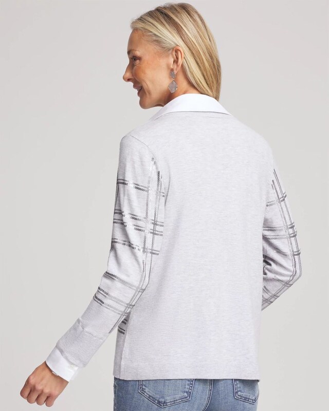 Sequin Plaid Built-In Shirt Knit Sweater - image 3
